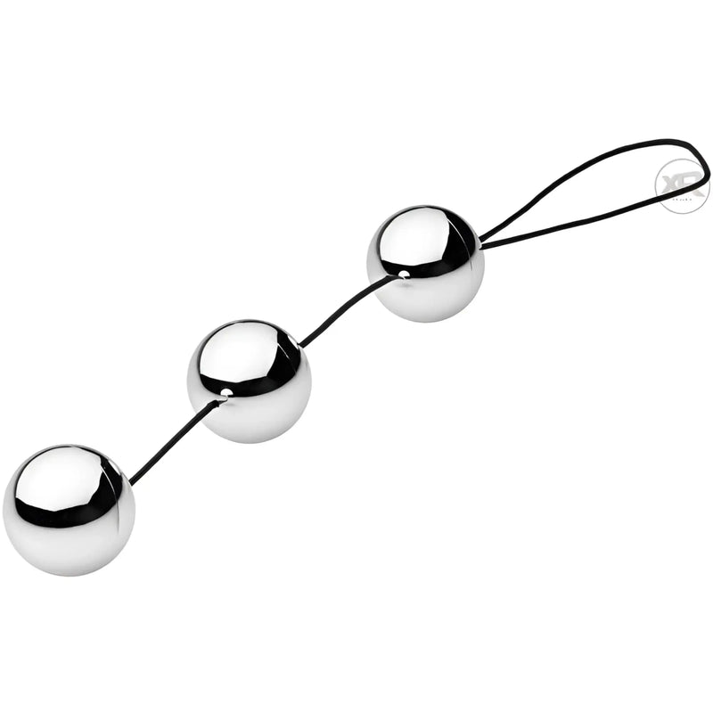 GreyGasms Trilogy Orgasm Balls: Three shiny, chrome-finish metal spheres connected by a black silicone retrieval loop.