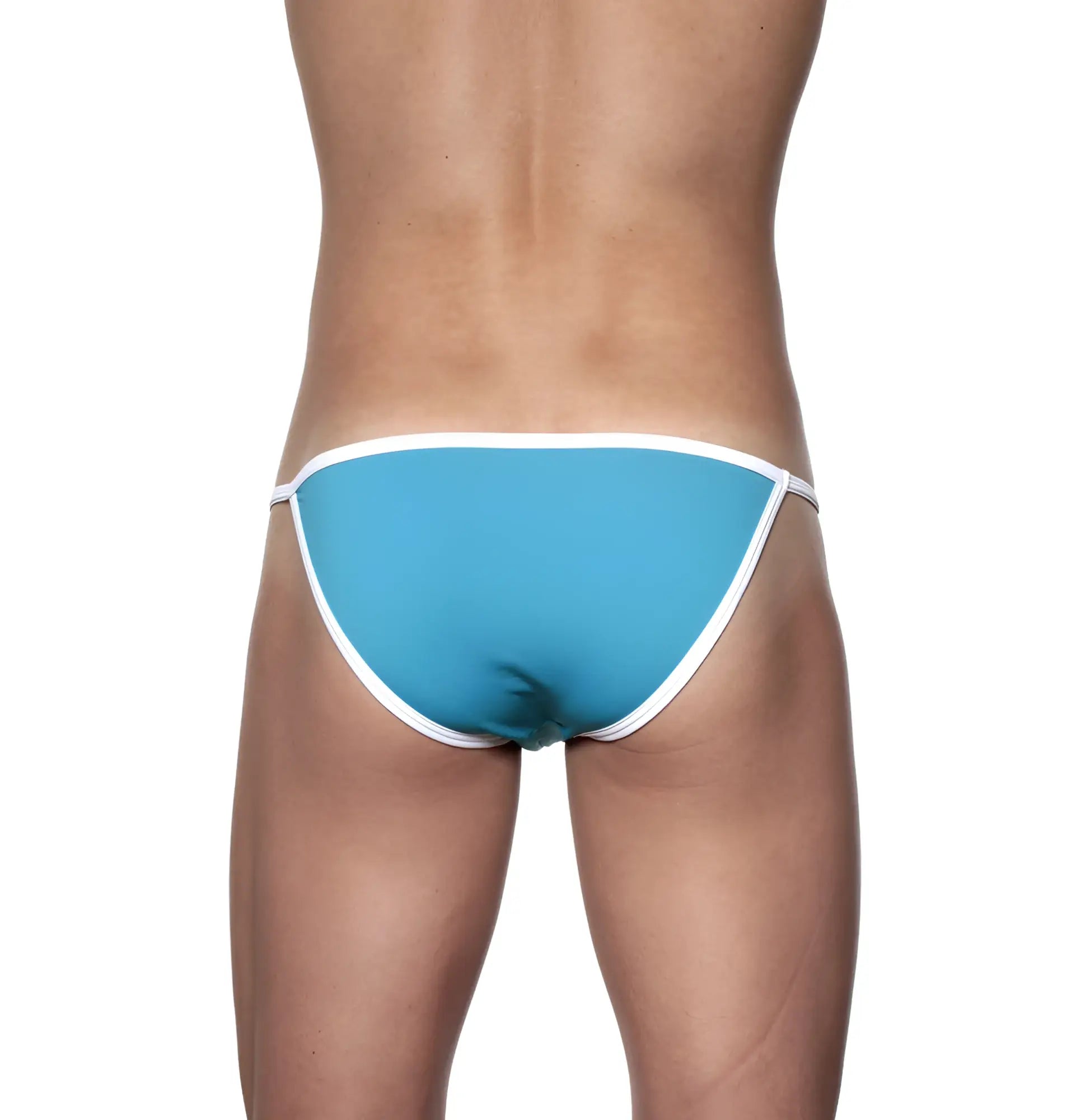 A turquoise blue thong with white trim from the groovin accent string bikini cyan blue collection model st0411