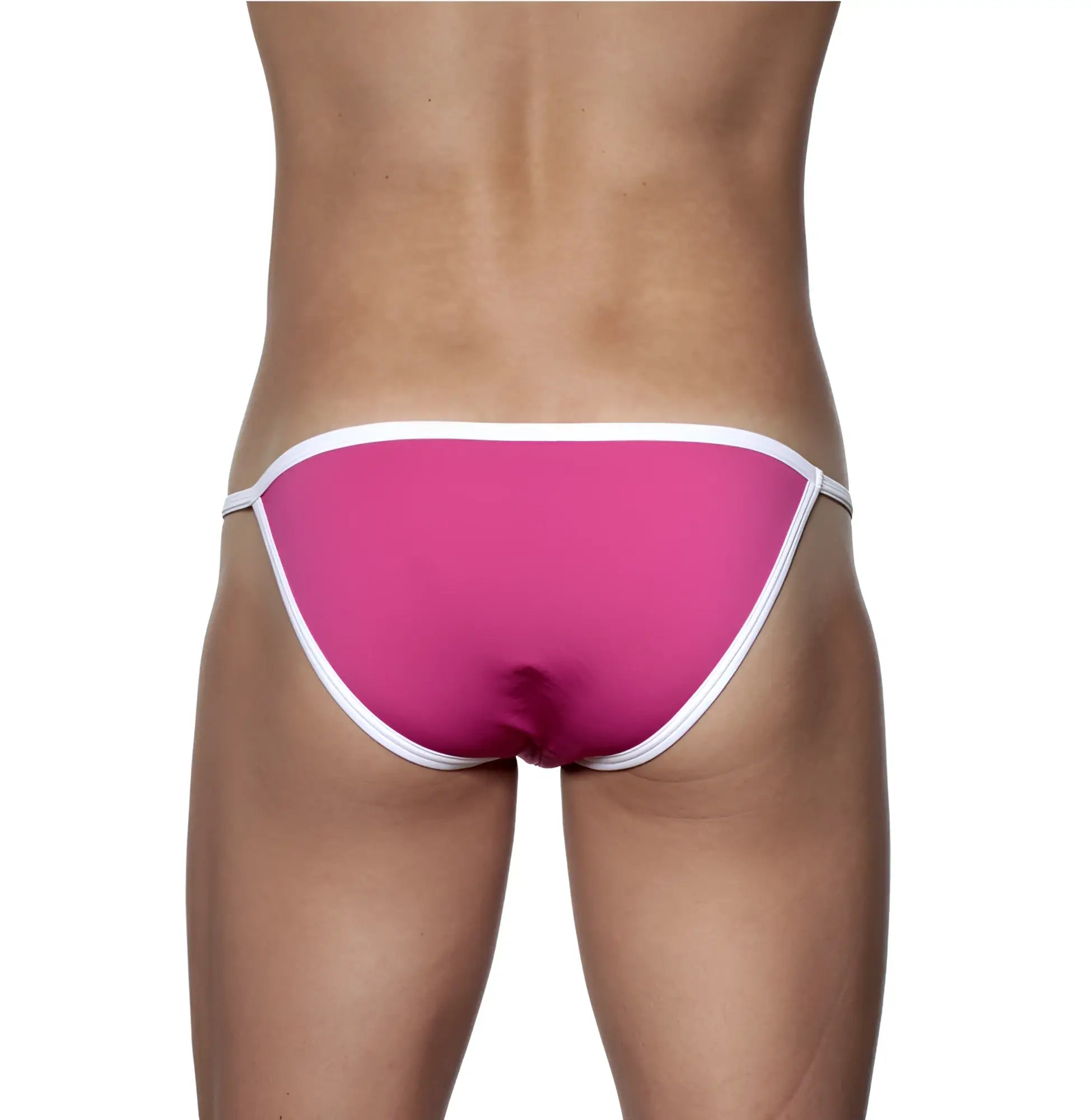 Bright pink groovin accent string bikini swim trunks with white trim perfect for beach and poolwear