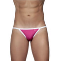 Fuchsia pink groovin accent string bikini thong with white trim and small brand logo on the side