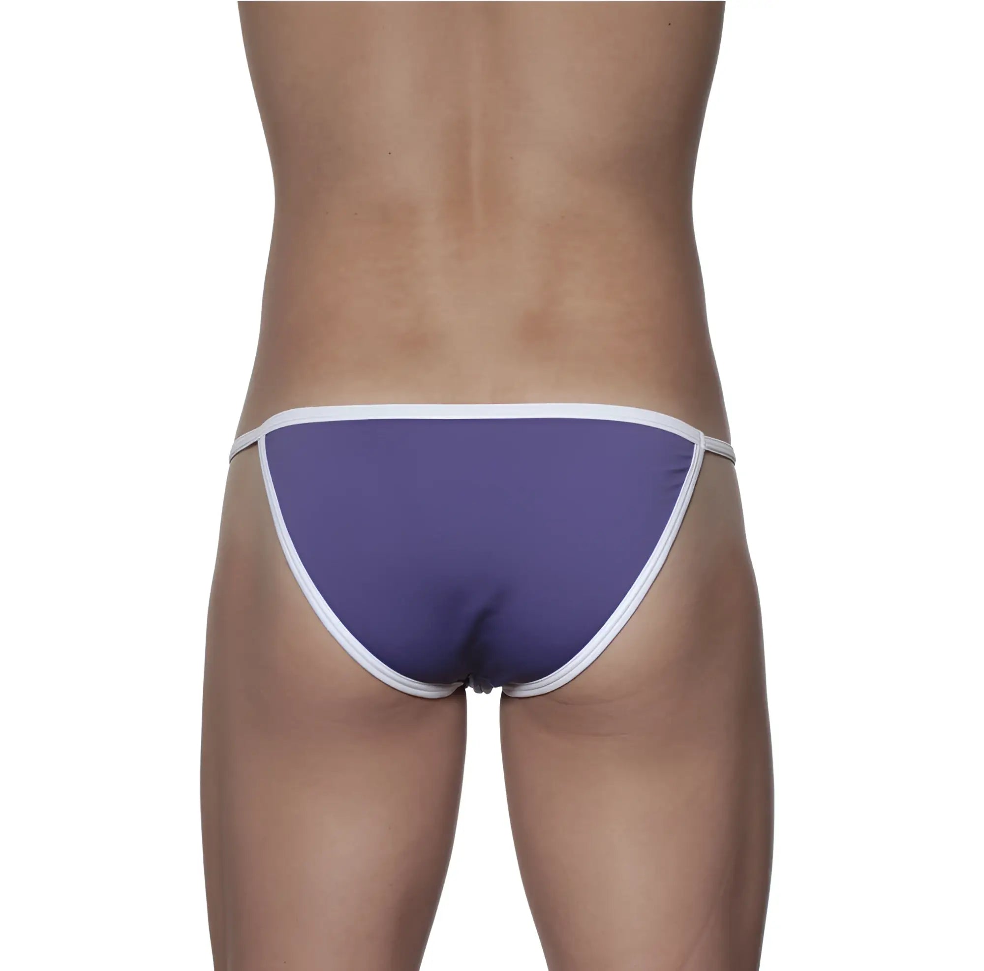 Purple thong string bikini with white trim groovin accent indigo purple st0413 shown from the back side