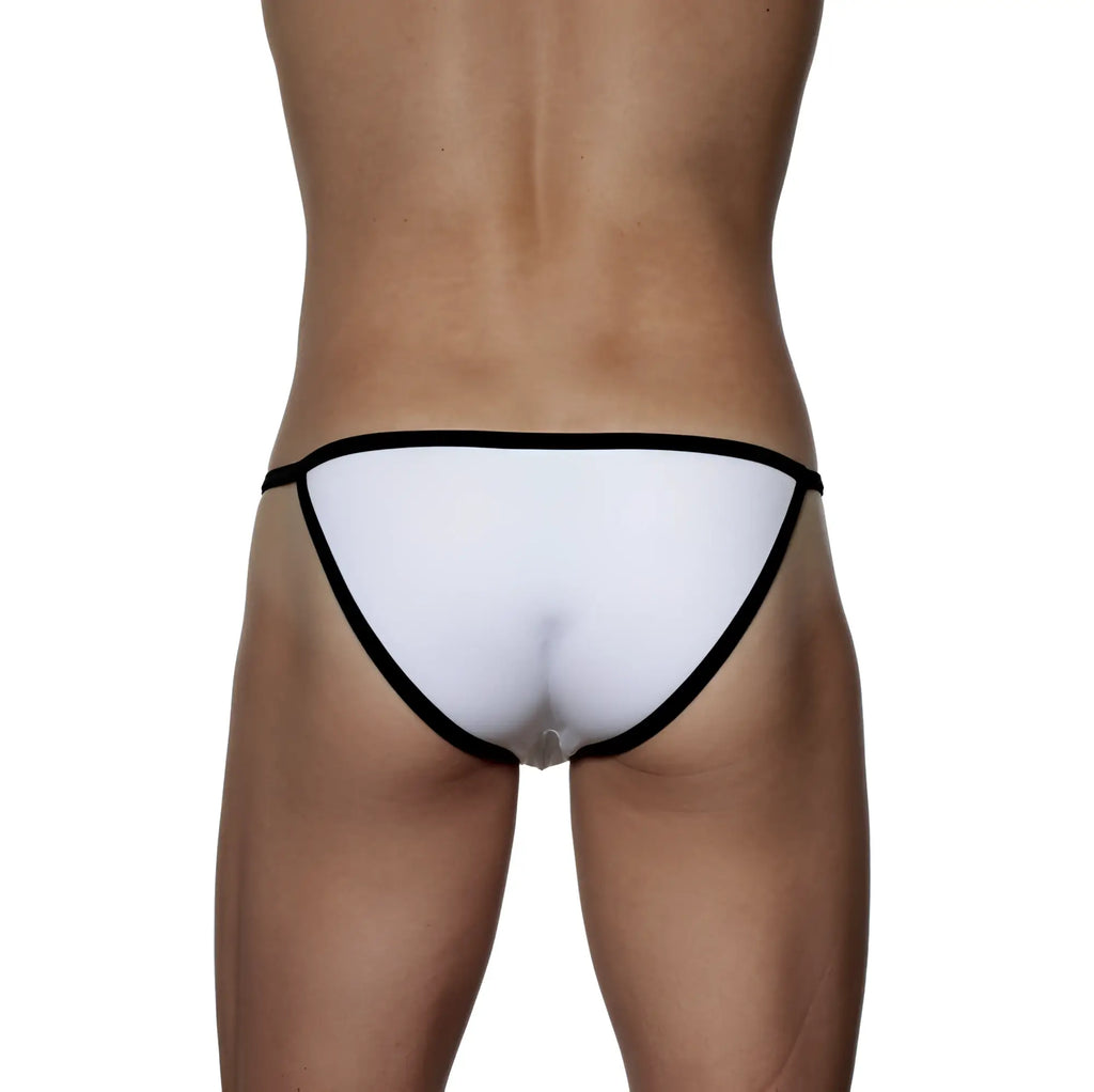 White thong with black trim groovin accent string bikini showing front design and contrast edging