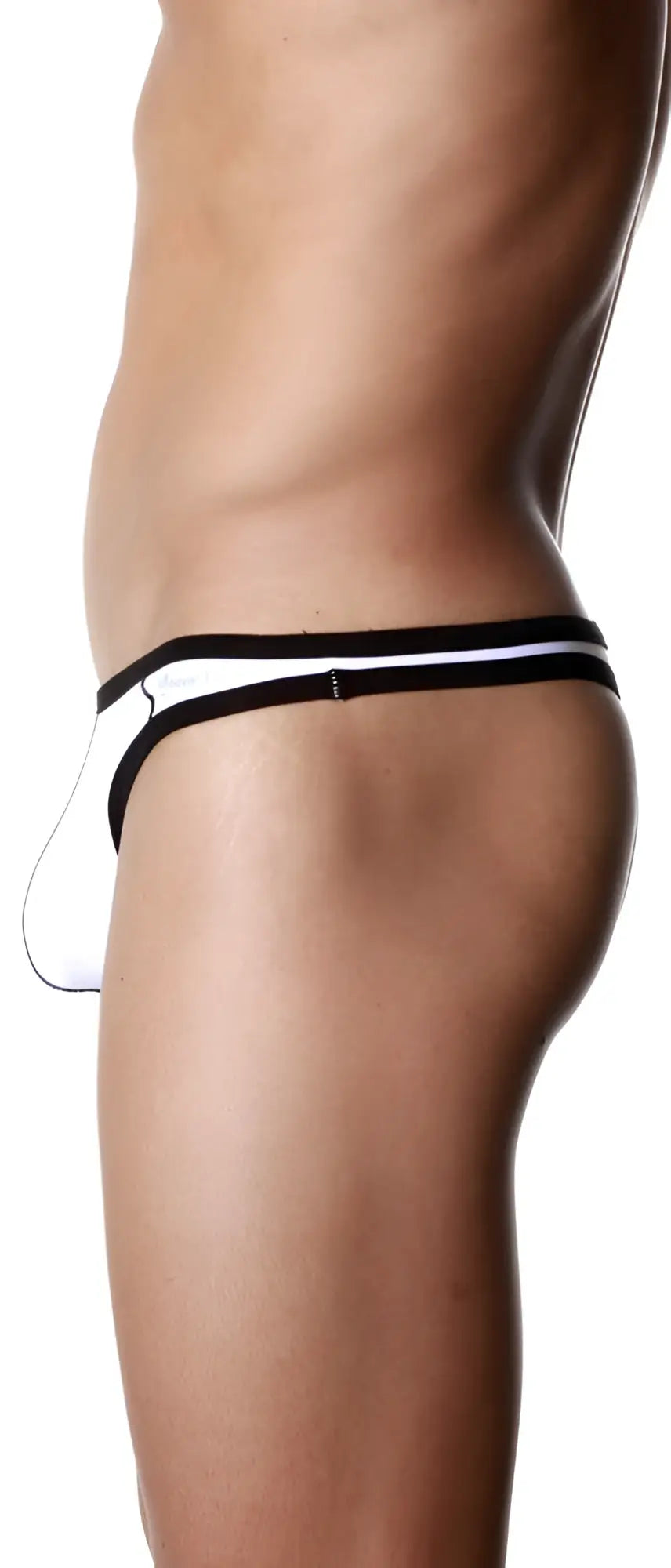 White thong with black trim and small side logo from groovin underwear accent thong white th0101 collection