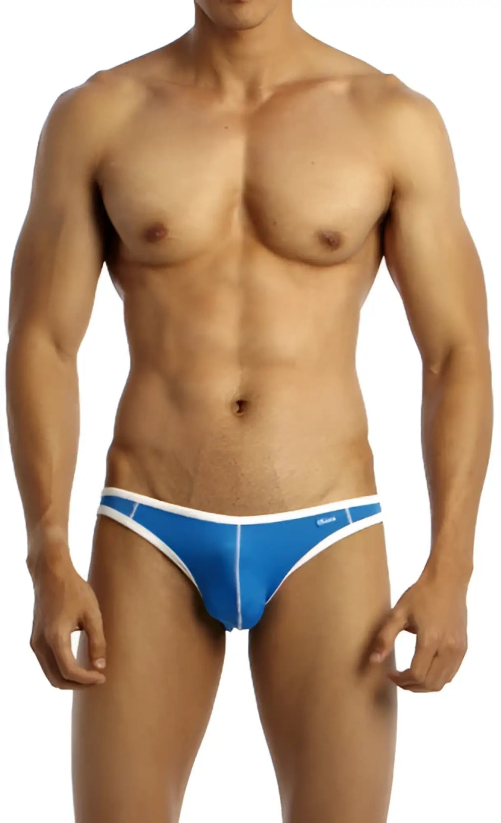 Blue and white groovin underwear accent v cut bikini briefs with a sleek form fitting athletic design
