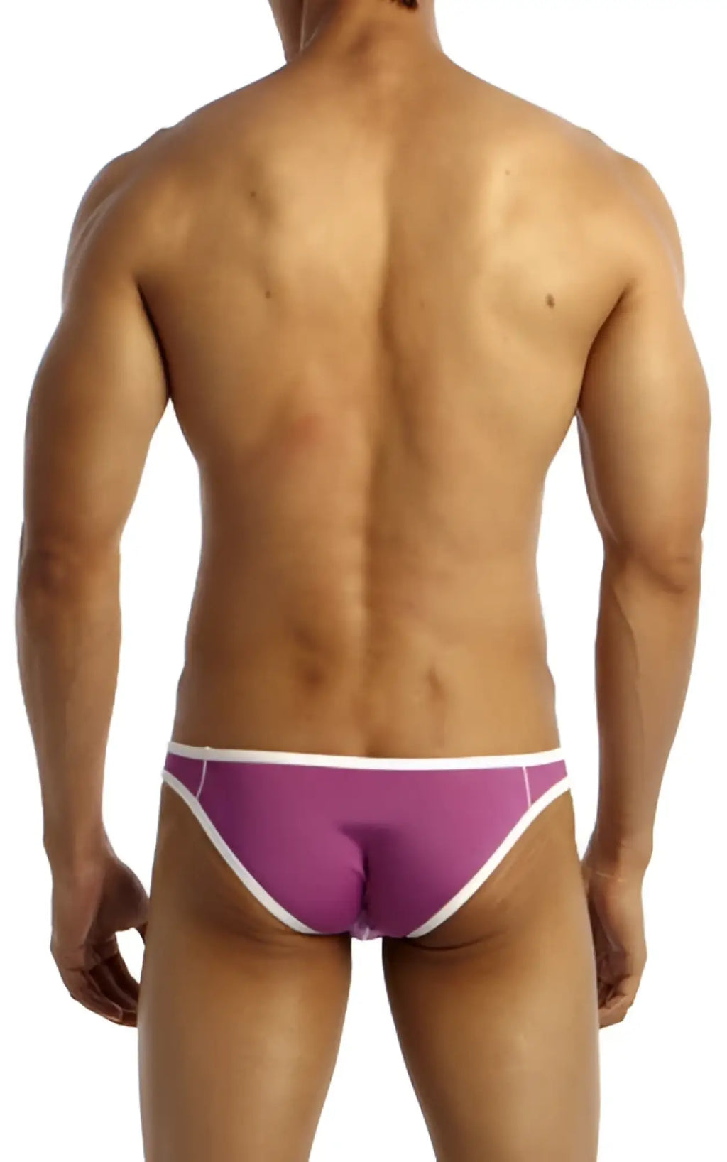 Purple and white groovin underwear accent v cut bikini briefs with sleek contoured design in front view