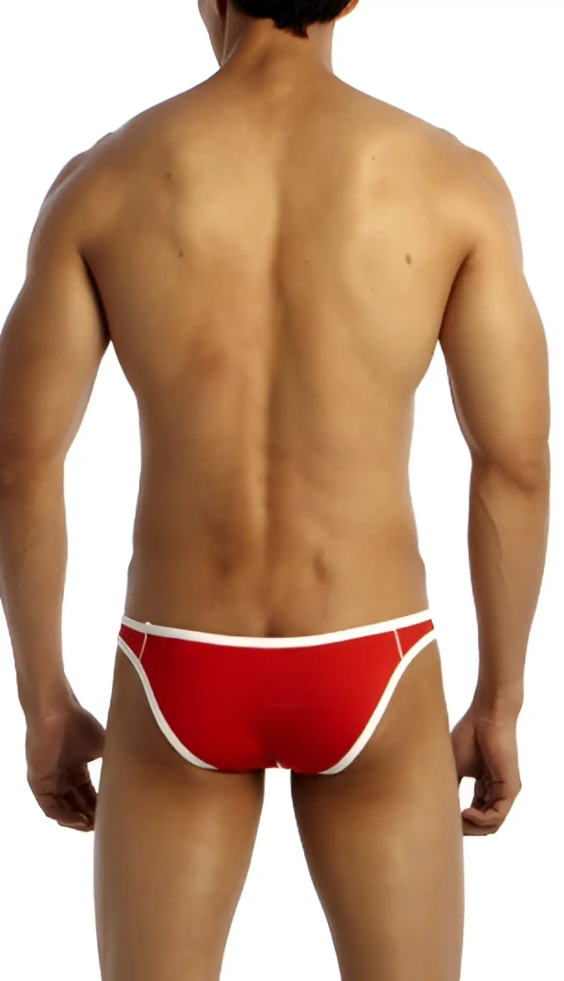 Red swim trunks groovin underwear accent v-cut bikini with white trim suitable for beach or pool wear