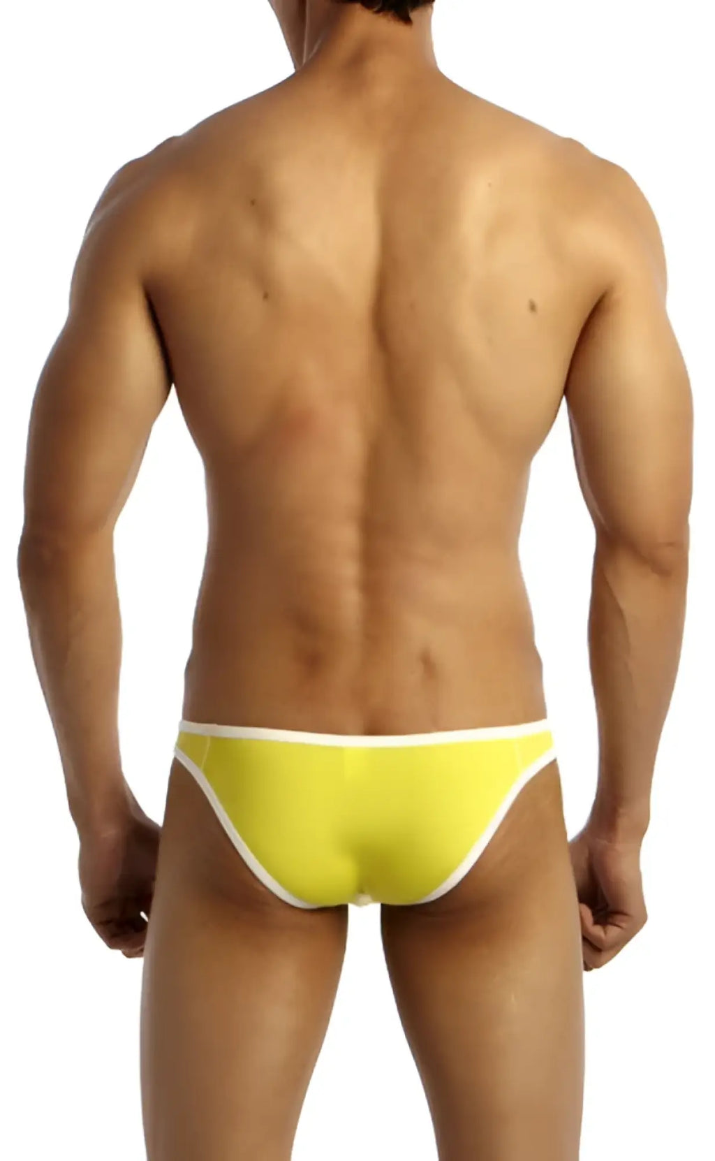 Bright yellow groovin underwear accent v-cut bikini briefs with white trim showing front side