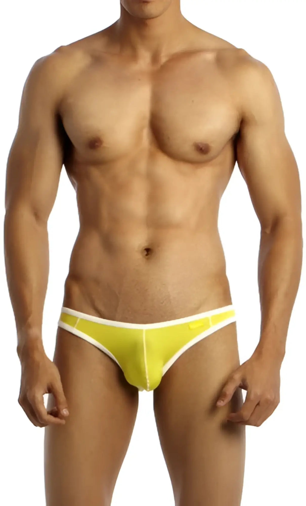 Bright yellow groovin underwear accent v cut bikini briefs with white trim showing front view