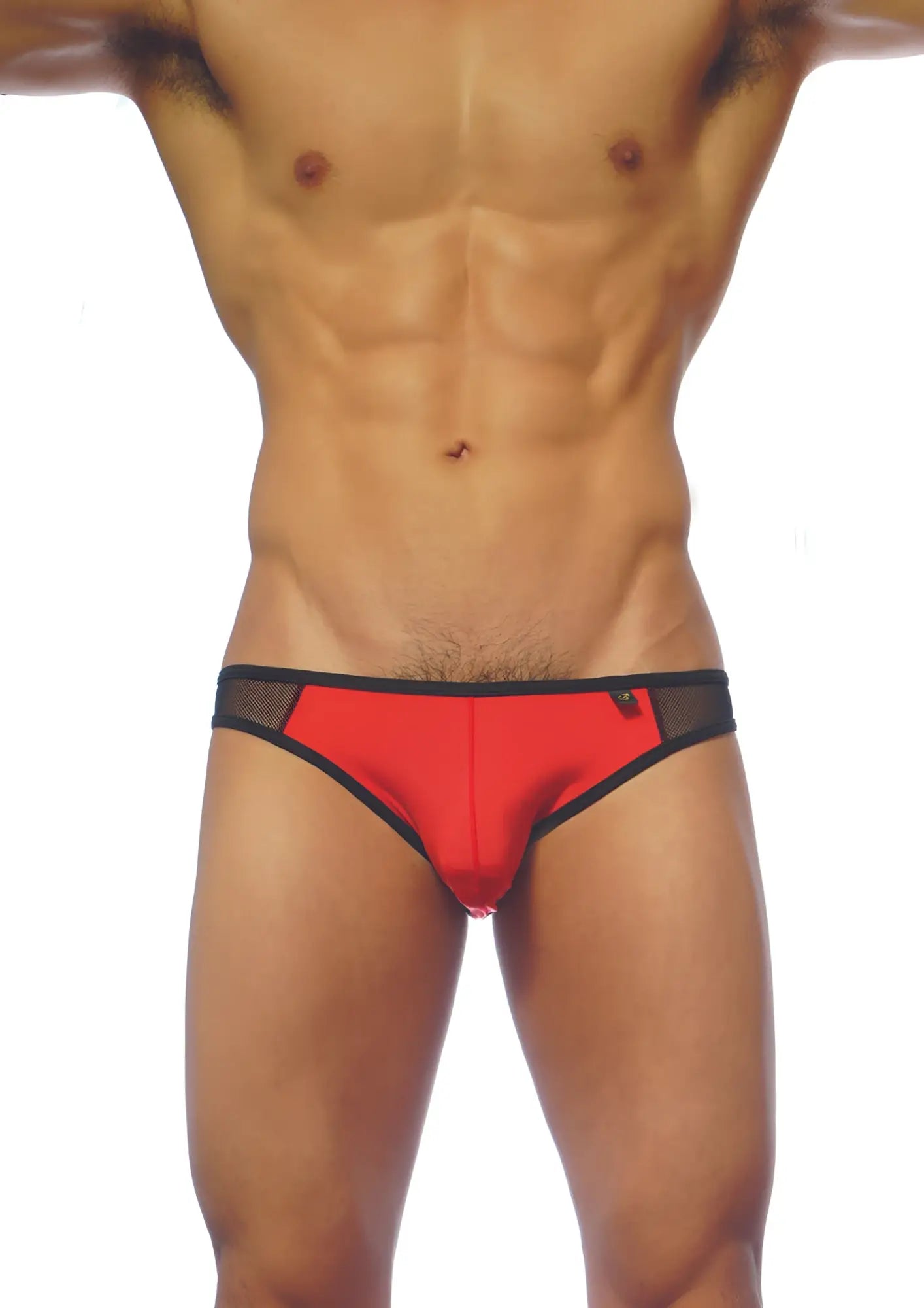 Red and black mesh-trimmed groovin underwear athletic v-cut mesh brief for men in red bv1609
