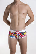 Groovin men’s briefs with vibrant multicolored geometric pattern and white elastic waistband in pop art style