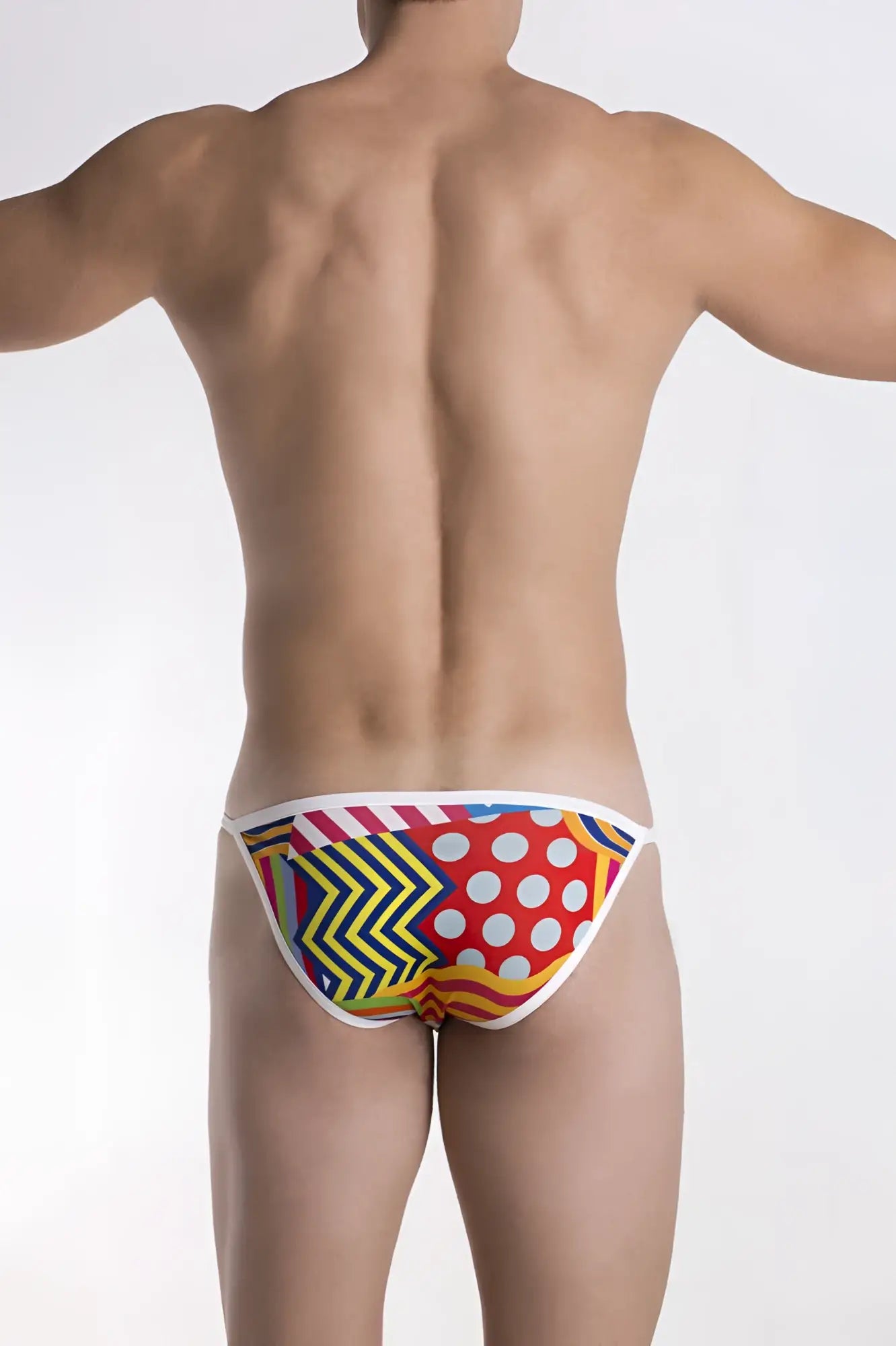 Groovin underwear pop art string bikini bk1702 with vibrant red yellow blue geometric patterns and white polka dots