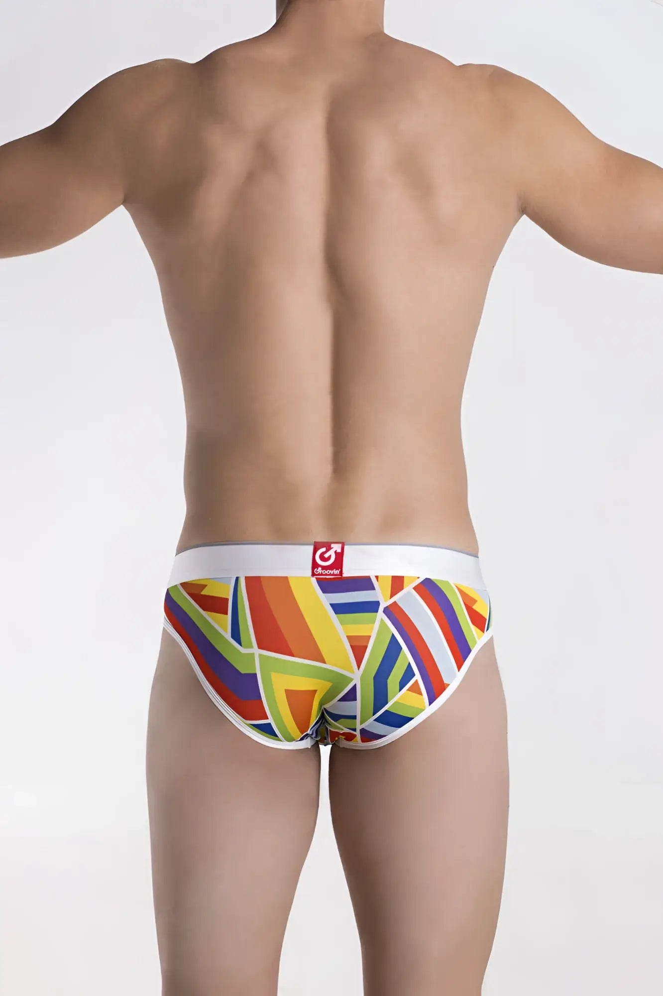 Groovin underwear prism hip brief bfp1701 vibrant geometric rainbow stripe briefs with white elastic waistband