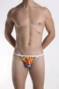 Groovin underwear prism string bikini bkP1701 vibrant geometric rainbow thong with white waistband front view