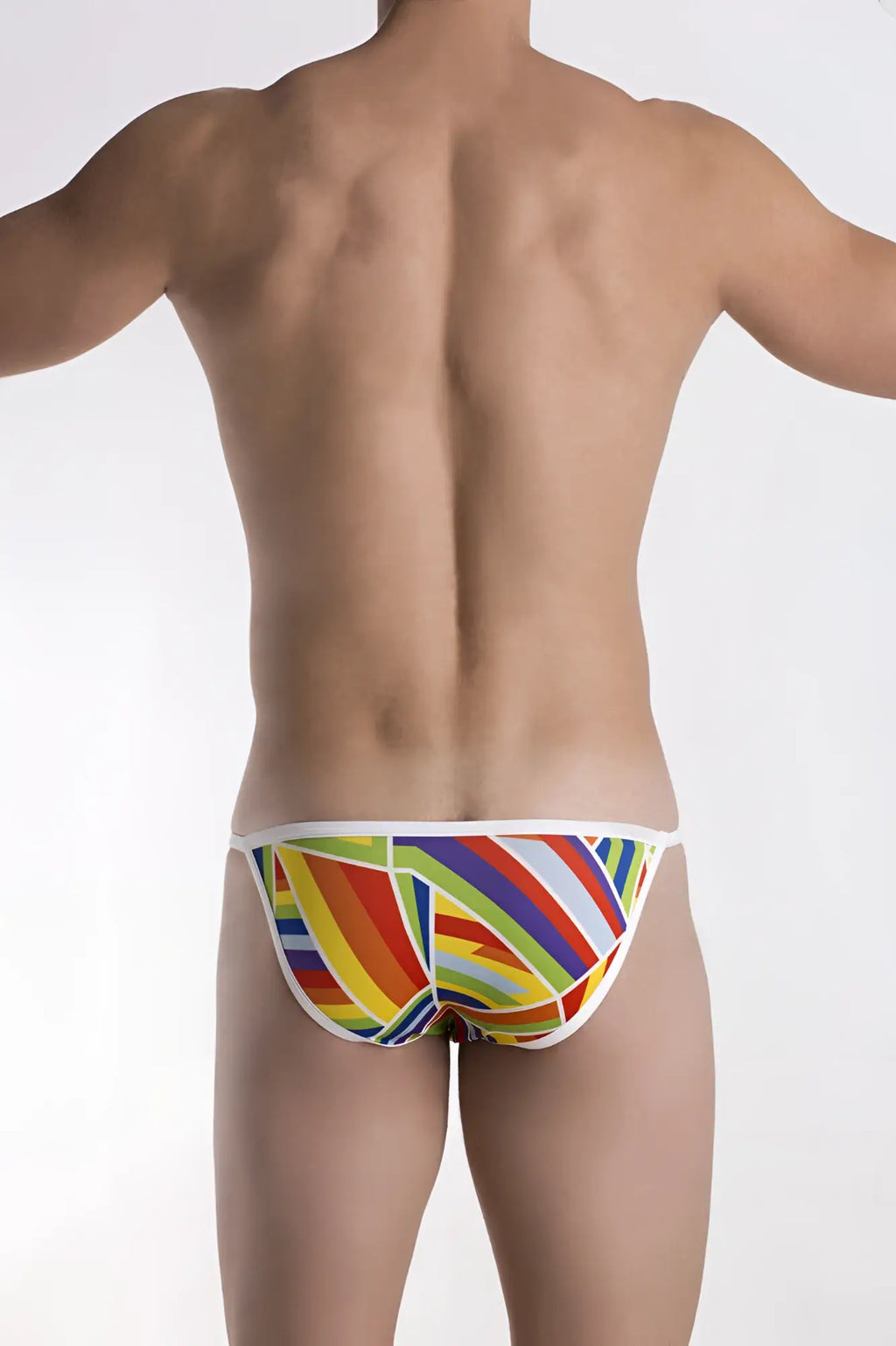 Groovin underwear prism string bikini bkP1701 vibrant rainbow-striped briefs with white trim in front view