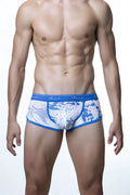 Blue and white splatter-patterned men’s briefs with blue elastic waistband and saoovin logo groovin underwear cbp1804