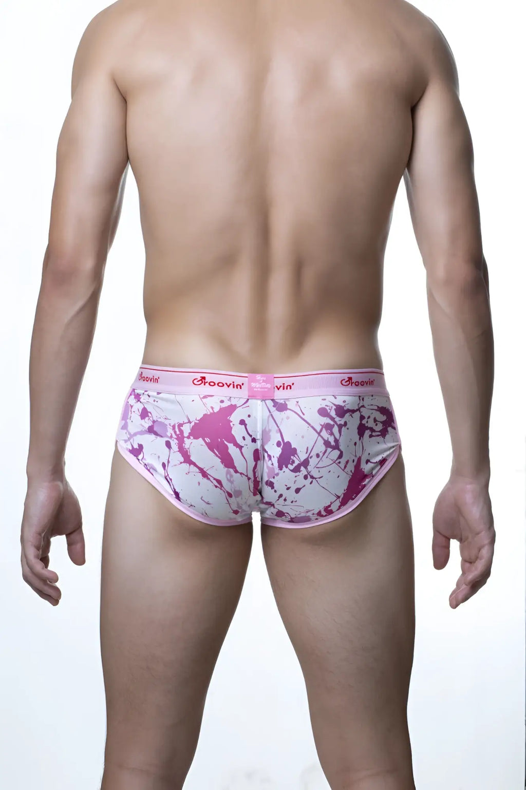 Groovin underwear splatter art cup boxer briefs in pink and white with a pink waistband and groovin brand name