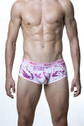 Pink and white splatter-patterned men’s briefs with branded elastic waistband from groovin underwear cbp1808