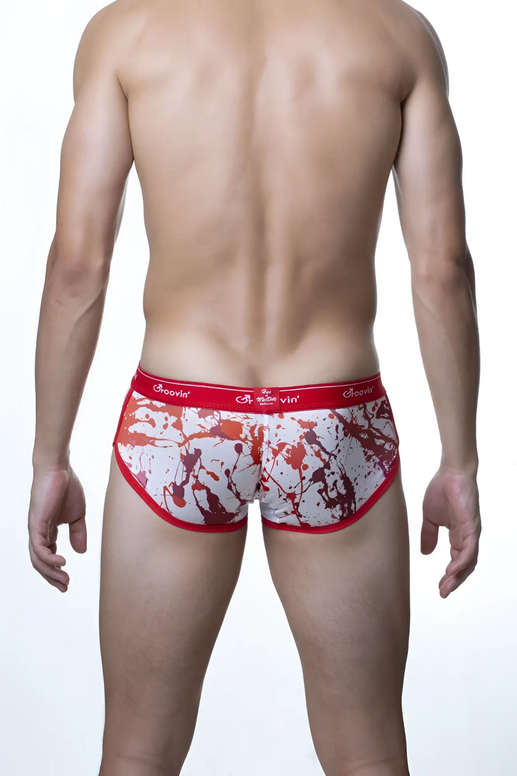 Groovin underwear splatter art cup boxer red cbp1809 red and white splatter briefs with red arovín logo waistband