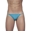 Teal-colored slim-fitting thong bikini with subtle Groovin logo on waistband in cyan blue ST0111 style