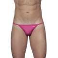 A vibrant pink form-fitting thong made of smooth fabric with a small brand tag on the waistband groovin string bikini