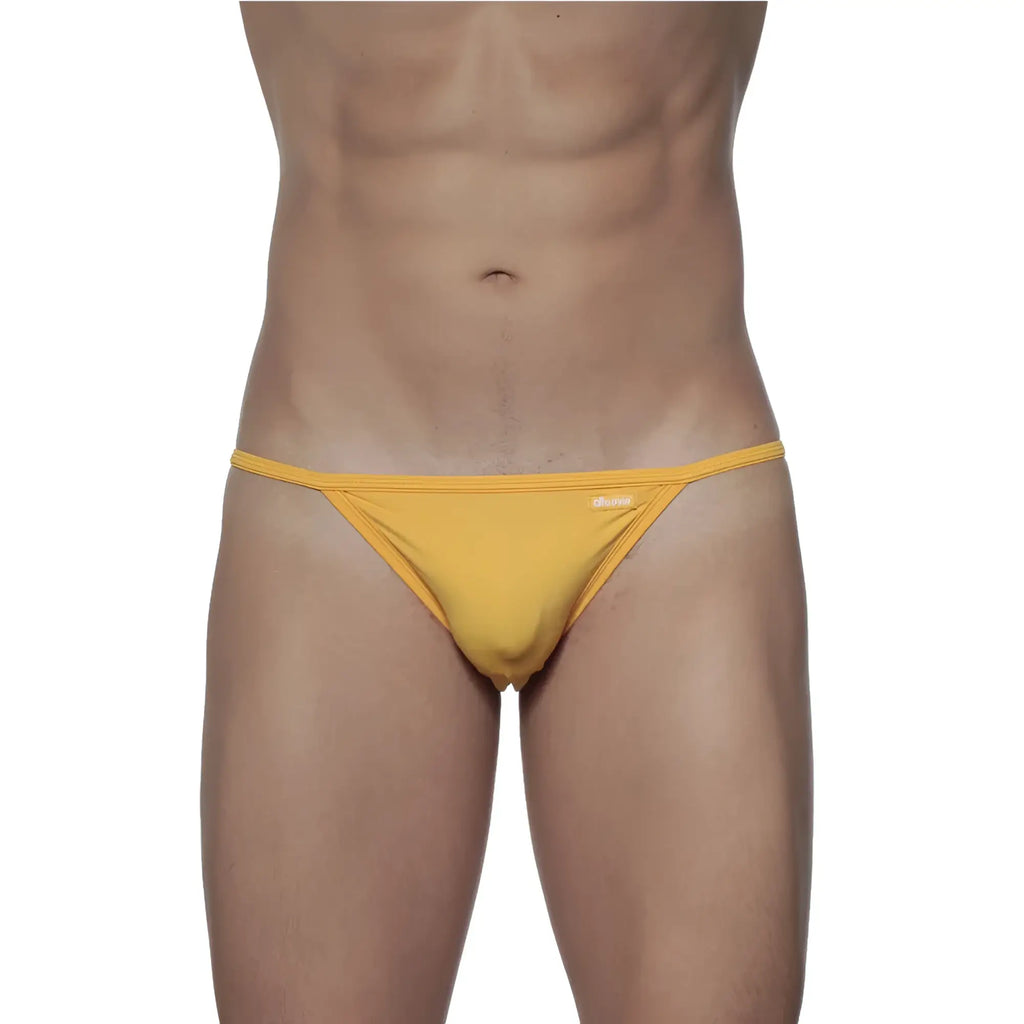 Yellow thong groovin string bikini made of smooth stretchy fabric with minimalist design and subtle sideband branding