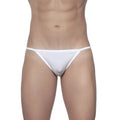 White groovin string bikini thong made of smooth fabric with a subtle logo on the waistband shown from the back