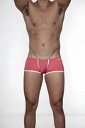 Pink groovin underwear super extra low cut boxer briefs with white trim and brand logo on waistband in rouge red