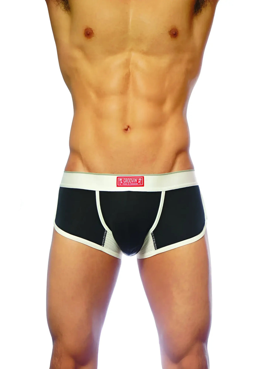 Groovin underwear ventilated cup boxer black in black and white with mesh side panels and red waistband label