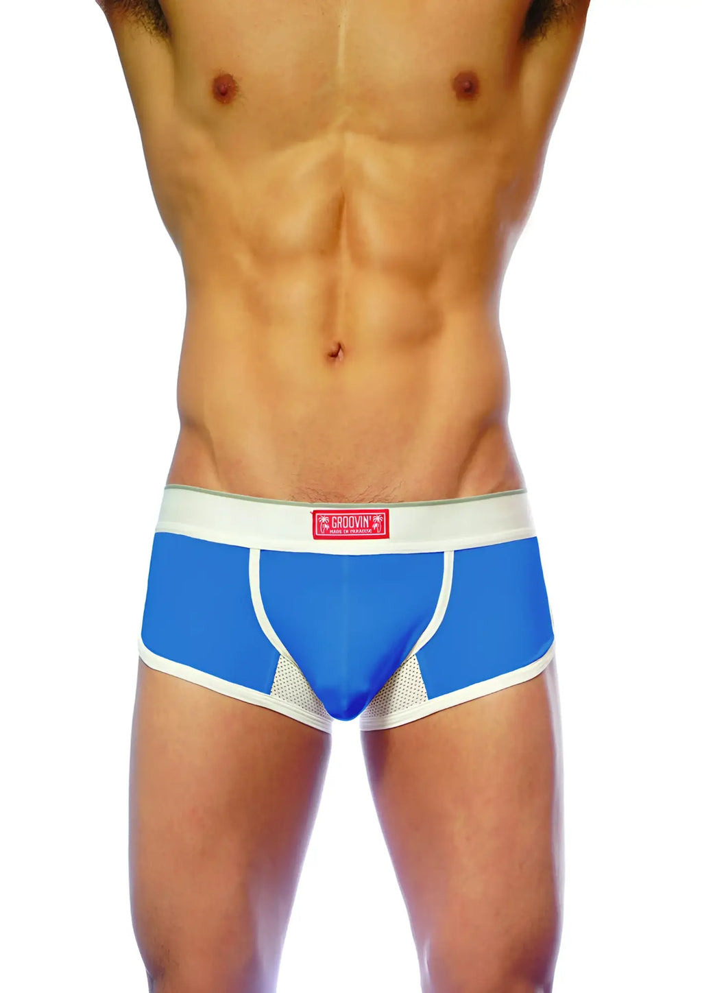 Blue and white groovin underwear ventilated cup boxer with mesh panels designed for athletic support and ventilation