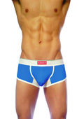 Blue and white groovin underwear ventilated cup boxer with mesh panels designed for athletic support and ventilation