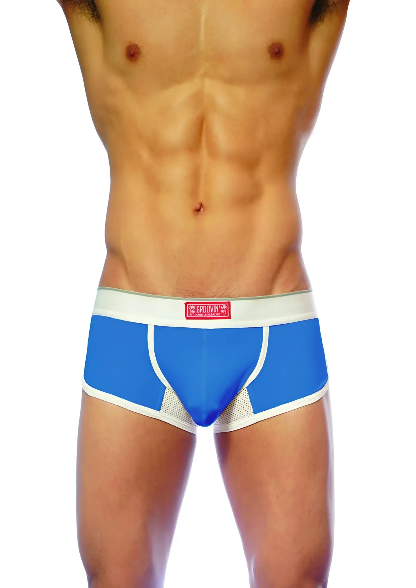 Blue and white groovin underwear ventilated cup boxer with mesh panels designed for athletic support and ventilation