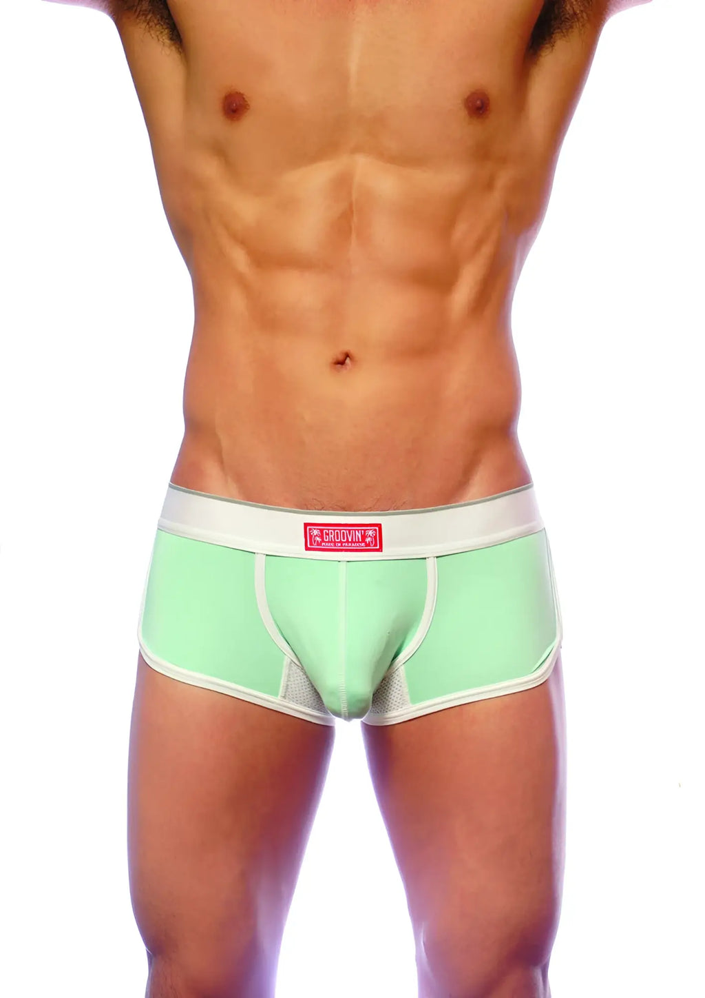 Mint green ventilated boxer briefs with white trim mesh panel and phoenix logo waistband groovin underwear cb1607