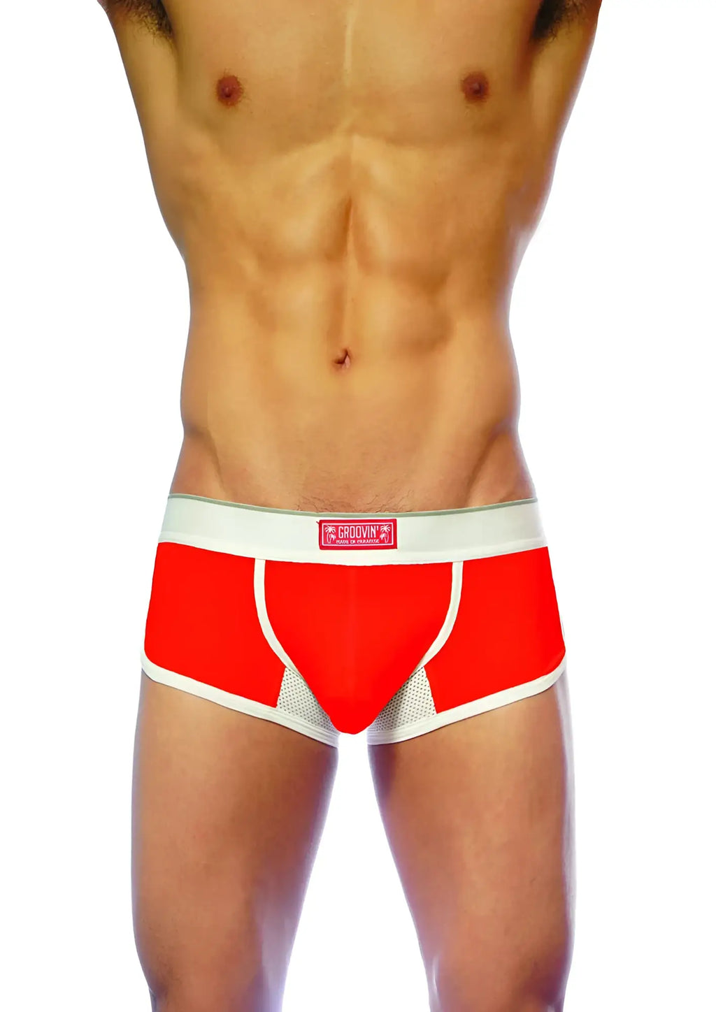 Red and white groovin underwear ventilated cup boxer red cb1609 men’s briefs with mesh panel design front view