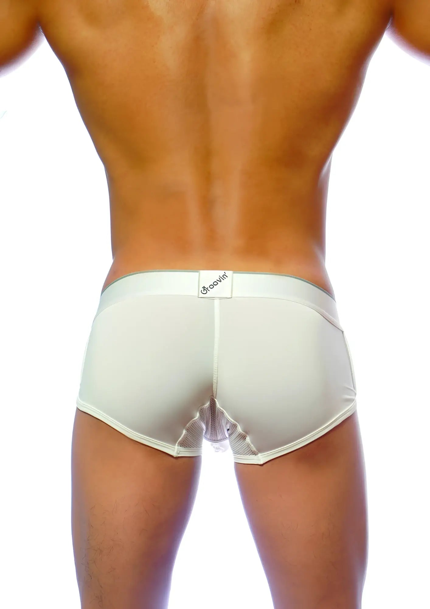 Cream-colored groovin underwear ventilated cup boxer white cb1601 showing the back with mesh panel and elastic waistband