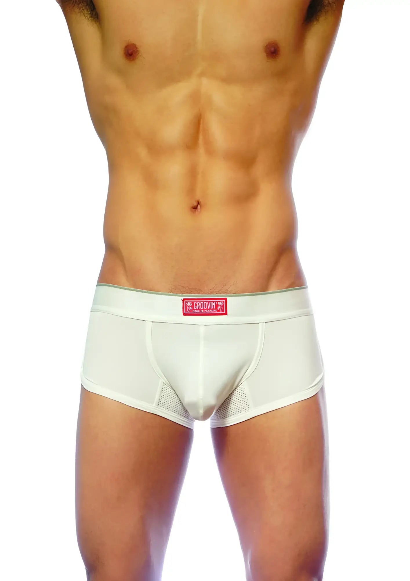 White men’s briefs groovin underwear ventilated cup boxer with red label and mesh paneling in white color