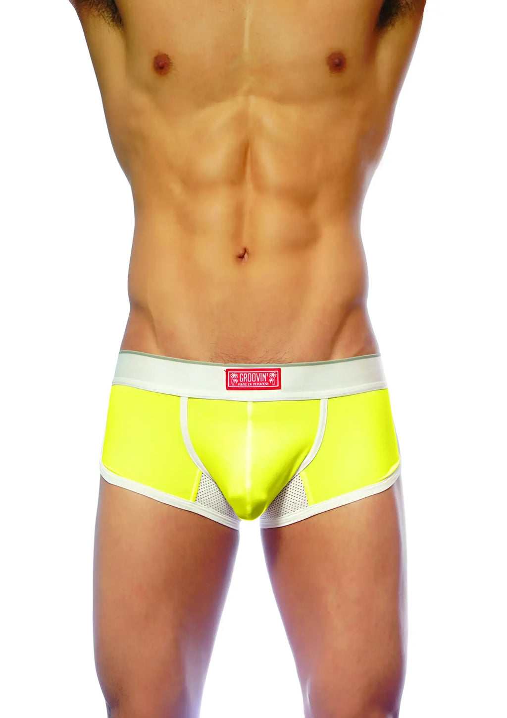 Bright neon yellow groovin ventilated cup boxer briefs with white trim mesh panel and logo waistband cb1603