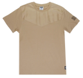 Beige gtl4 panel t-shirt with short sleeves and subtle geometric chest panel with branded patches on sleeve and hem