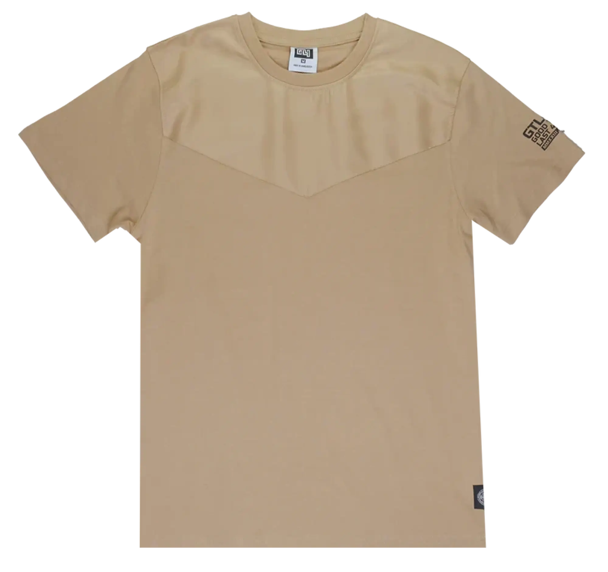 Beige gtl4 panel t-shirt with short sleeves and subtle geometric chest panel with branded patches on sleeve and hem