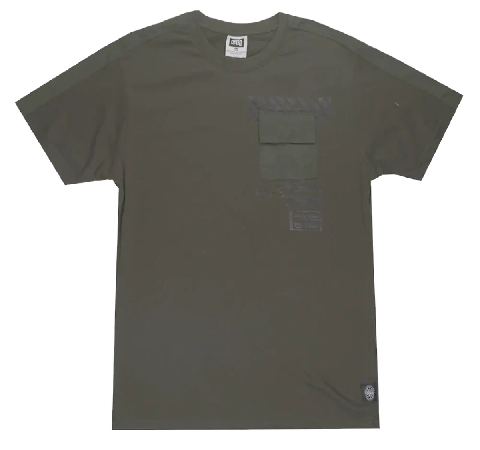 Olive green short-sleeved cotton gtl4 panel t-shirt with chest pocket and subtle faded graphic details