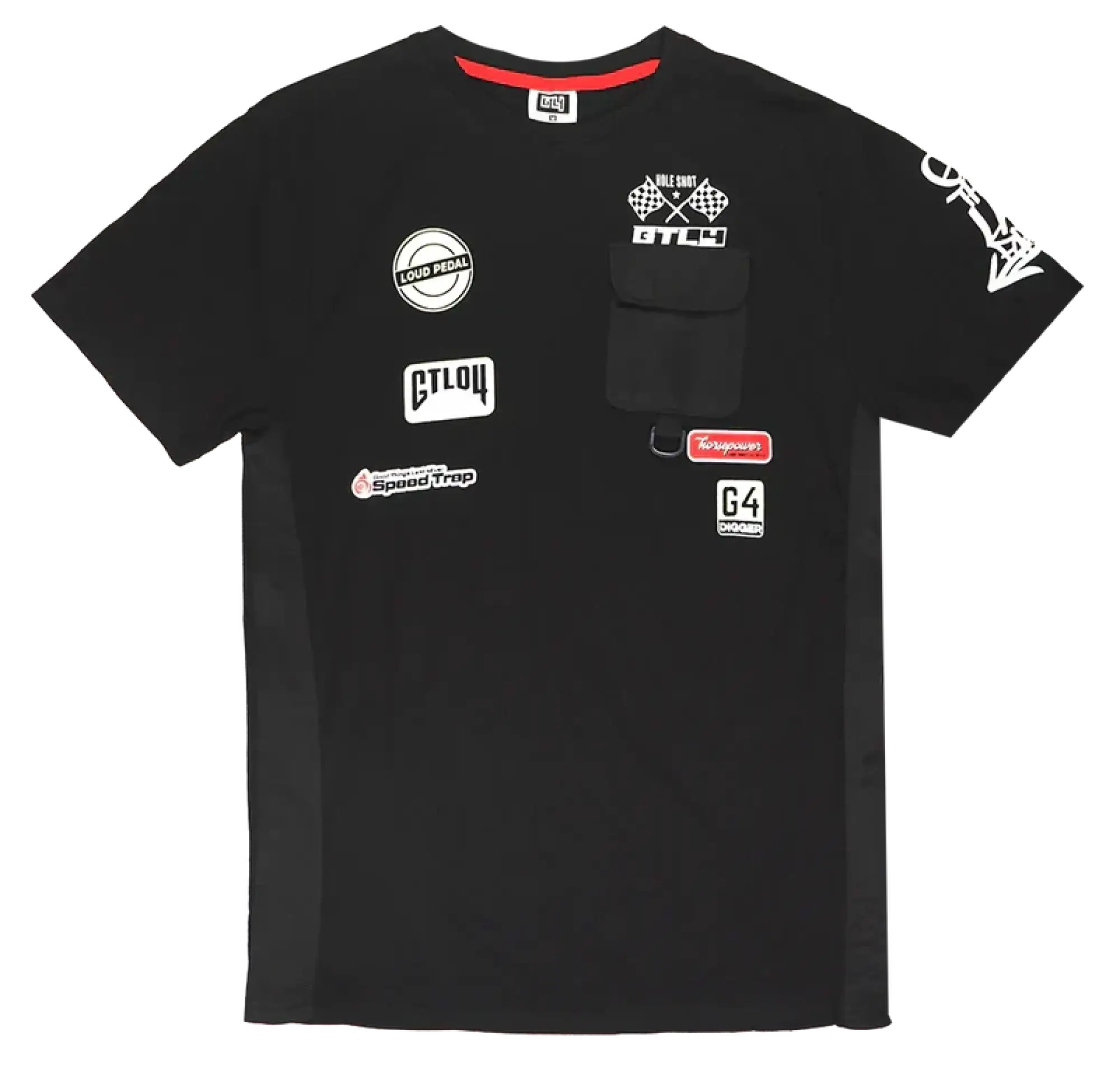 Black short-sleeved Gtl4 Pocket T-Shirt with red collar trim, racing patches, and chest pocket, perfect for casual wear