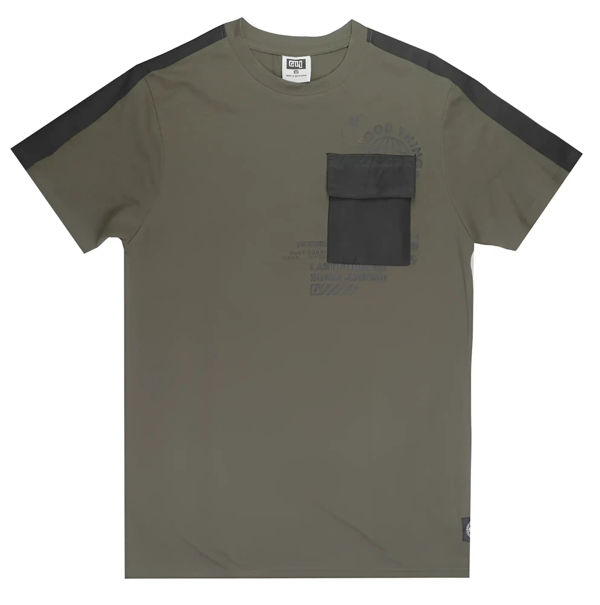 Olive green short-sleeved gtl4 pocket t-shirt with black shoulder panels and matching chest utility pocket