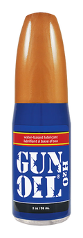 Blue and orange bottle of gun oil h2o water-based lubricant 120 designed for safe and smooth firearm maintenance