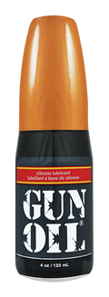 Orange-topped black bottle of gun oil silicone lubricant designed for firearm maintenance and protection