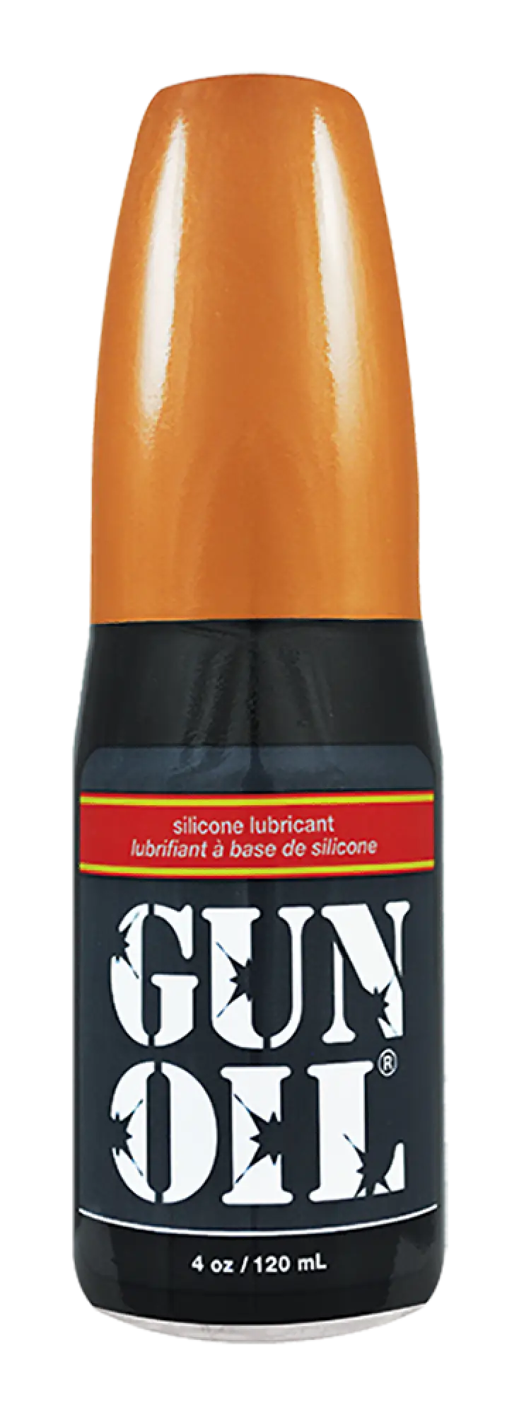 Orange-topped black bottle of gun oil silicone lubricant designed for firearm maintenance and protection