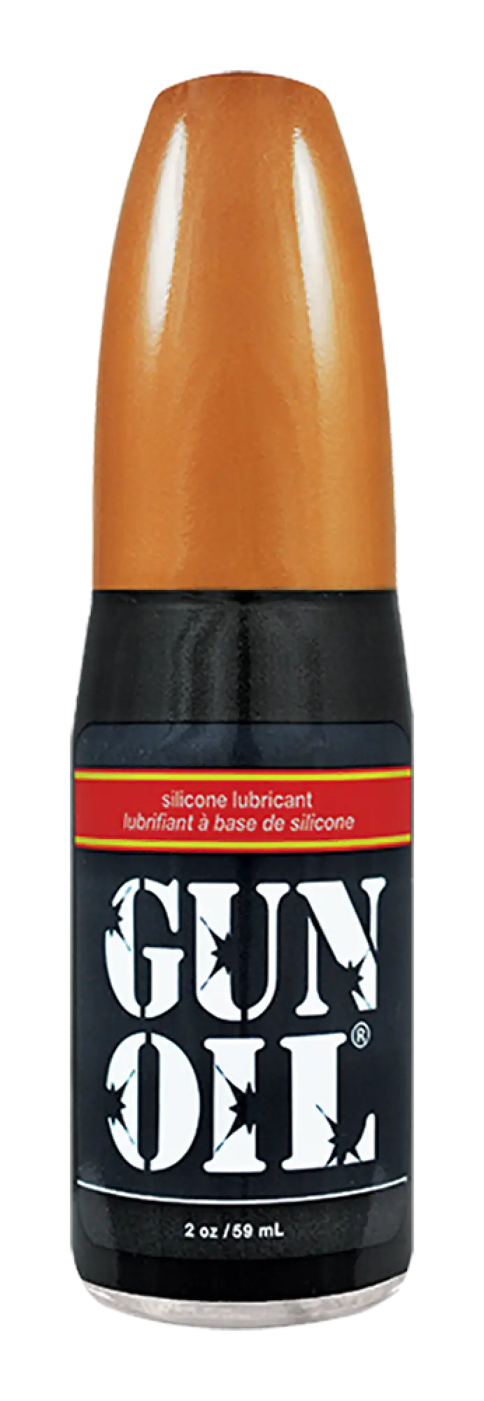 A sleek black silicone gun oil bottle with a glossy orange cap labeled gun oil for firearm lubrication