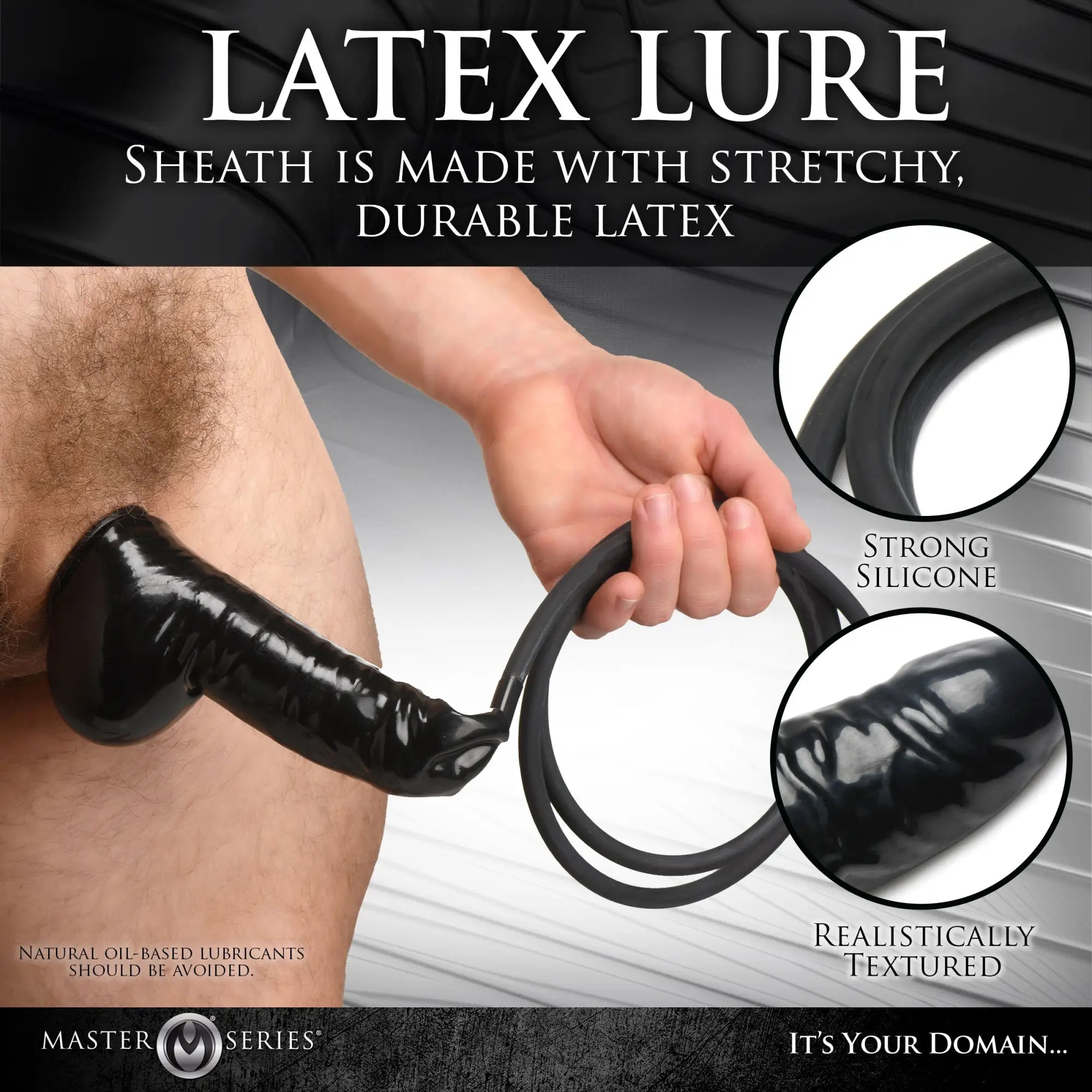 Black latex guzzler realistic penis sheath with strong silicone handle and textured surface with tube attached