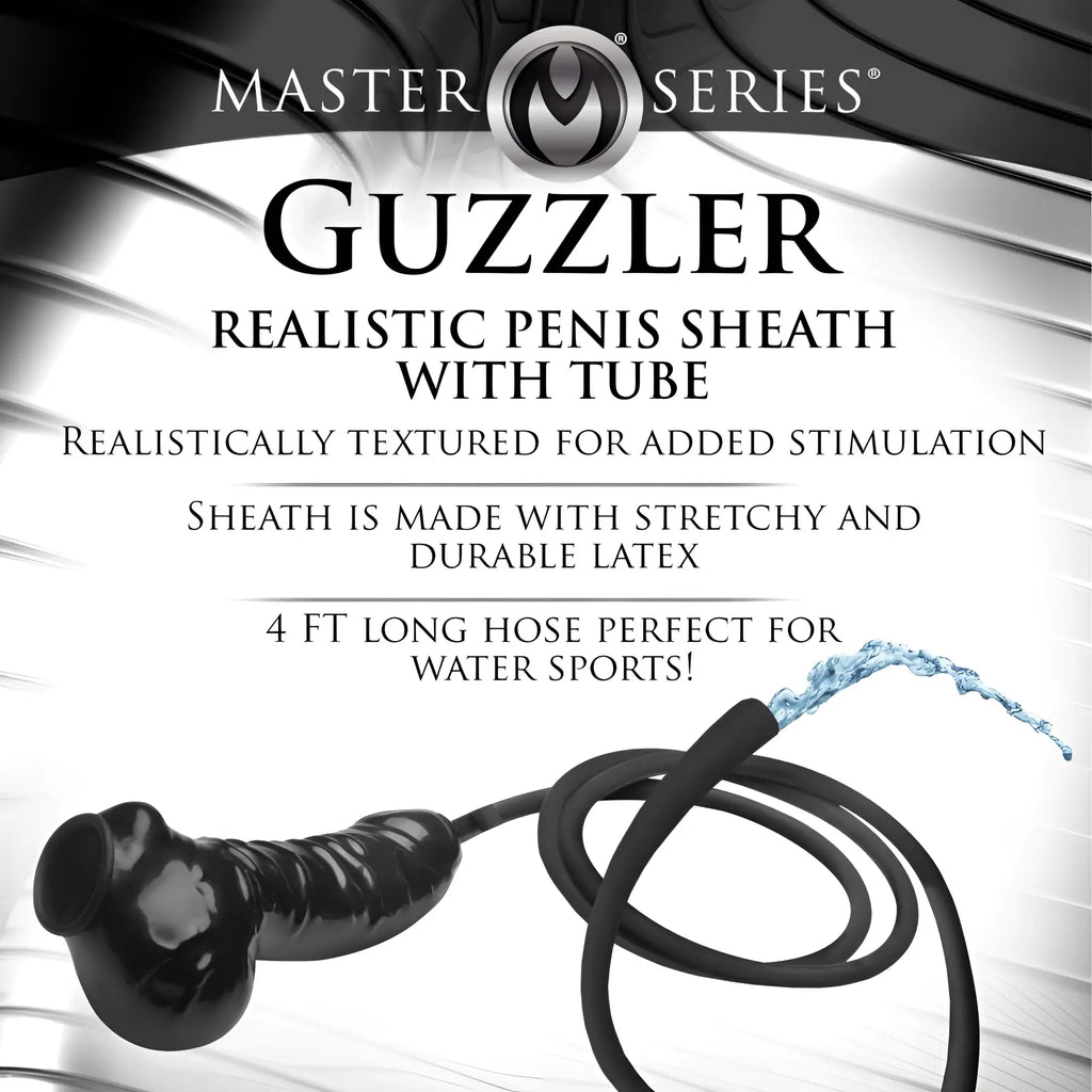 Black latex guzzler realistic penis sheath with textured finish and 4 ft hose for water sports use
