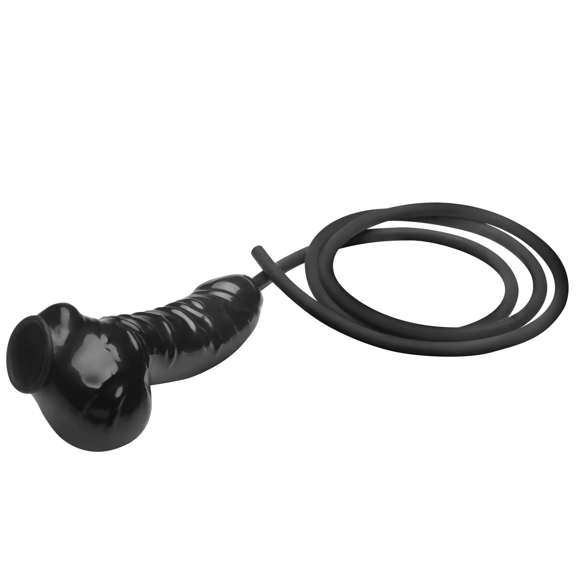 Black silicone anal plug with attached flexible hose in guzzler realistic penis sheath with tube back side view