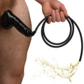 Black silicone guzzler realistic penis sheath with tube featuring a flexible coiled cord for secure use