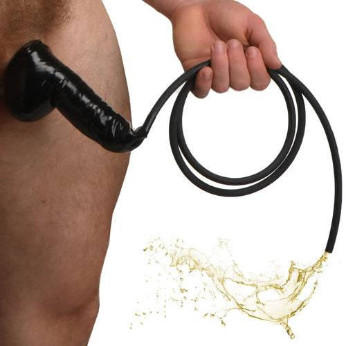 Black silicone guzzler realistic penis sheath with tube featuring a flexible coiled cord for secure use
